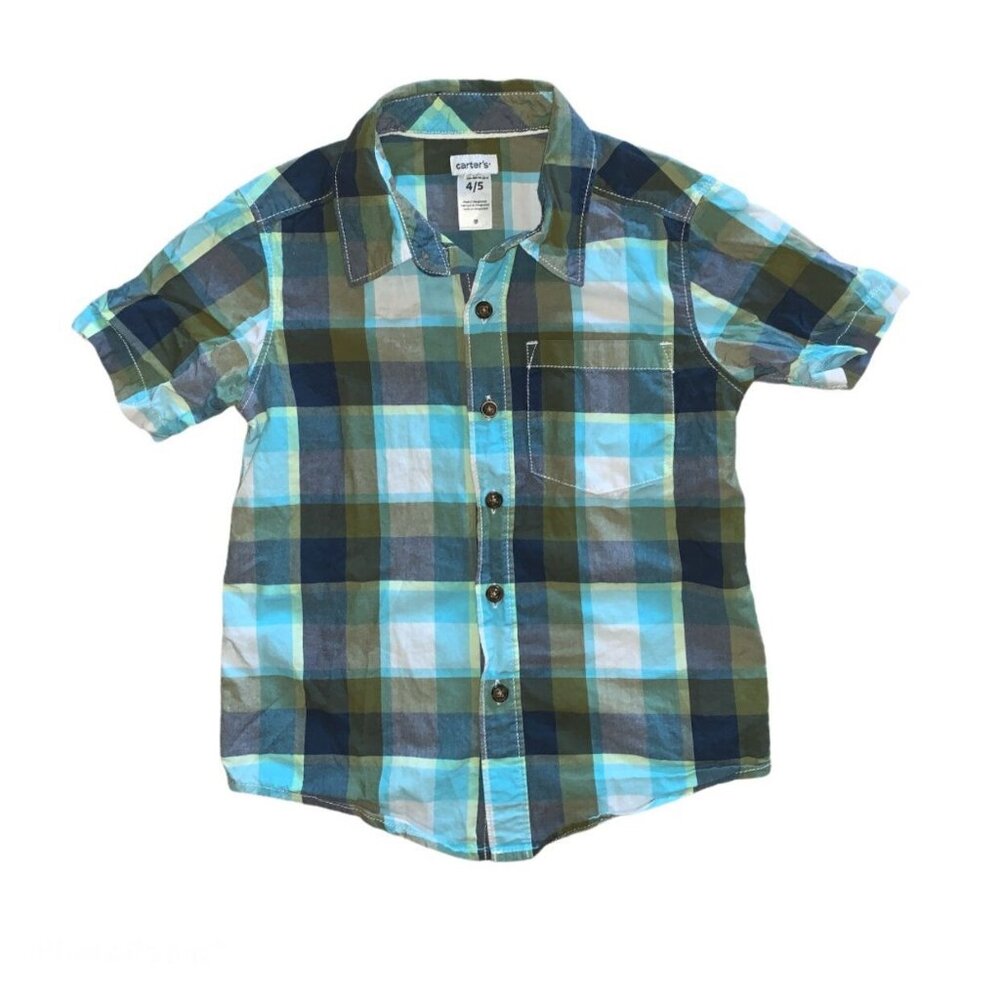 Carter's Blue Green Plaid Button Down Shirt Size 4/5 GUC